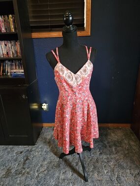 Estam Floral Print Red Mini Dress with Spaghetti Straps womens size medium